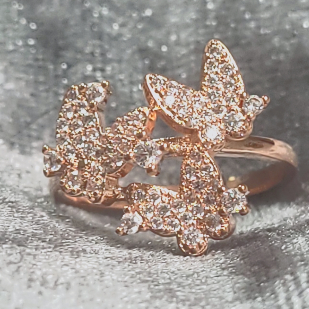 Three-Butterfly Zircon Rose Gold Color Ring